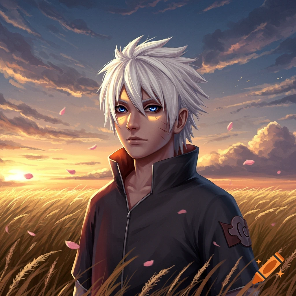 Anime character with white spiky hair and glowing blue eyes, standing in a golden field with pink petals at sunset.