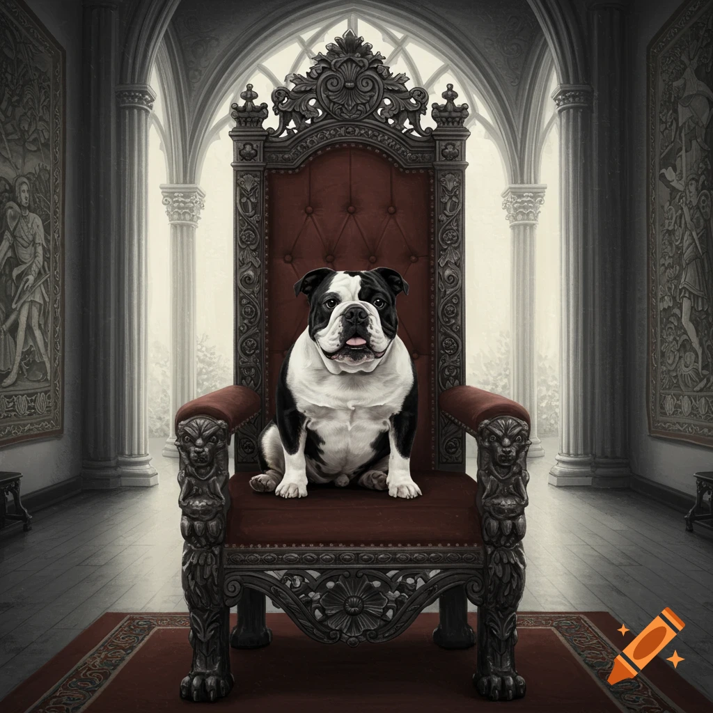 A black and white bulldog sits on an ornate king's throne in a grand, gothic-style hall.