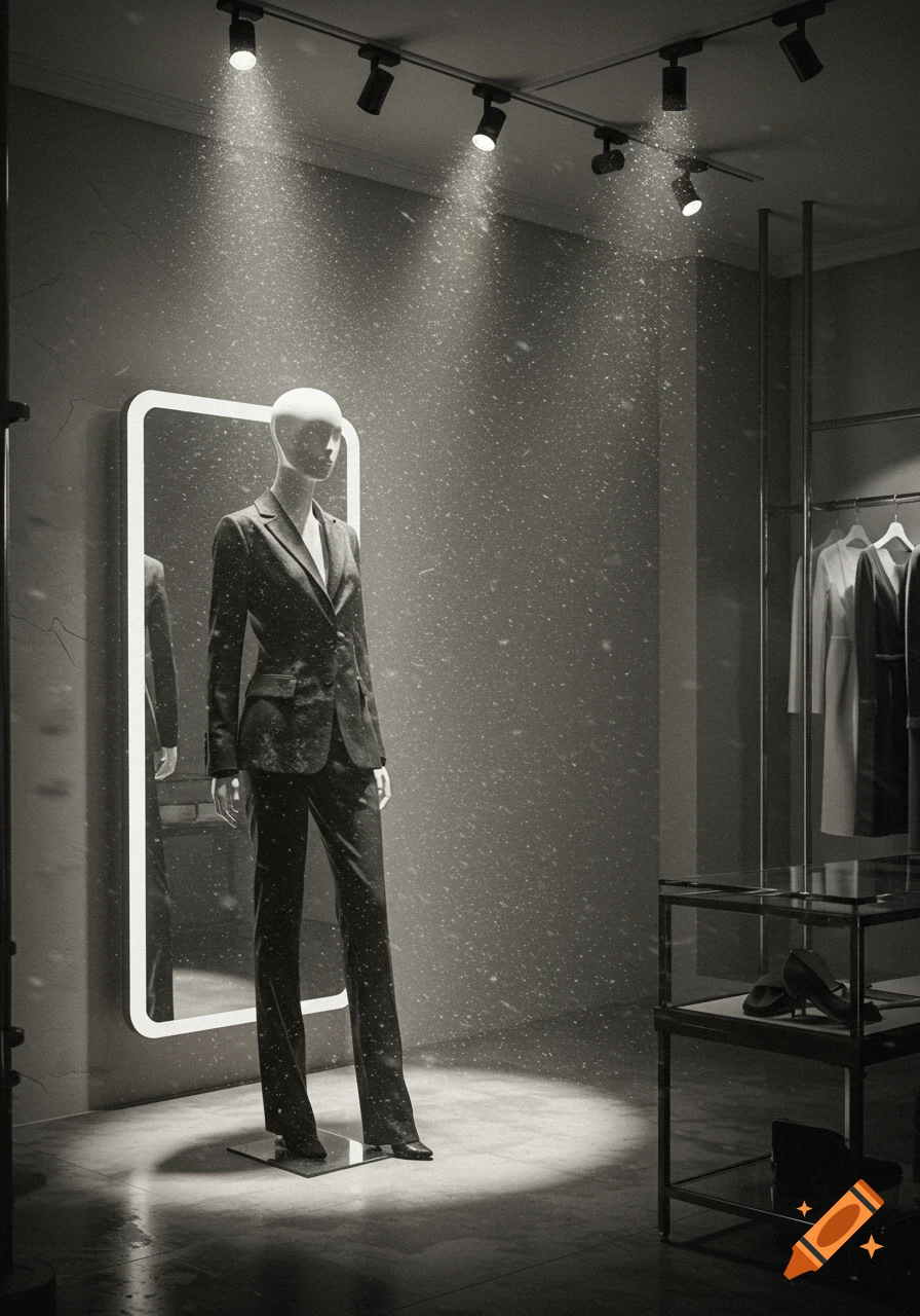 A photorealistic image of a mannequin wearing a suit in a retail store display, illuminated by spotlights with a particle effect.
