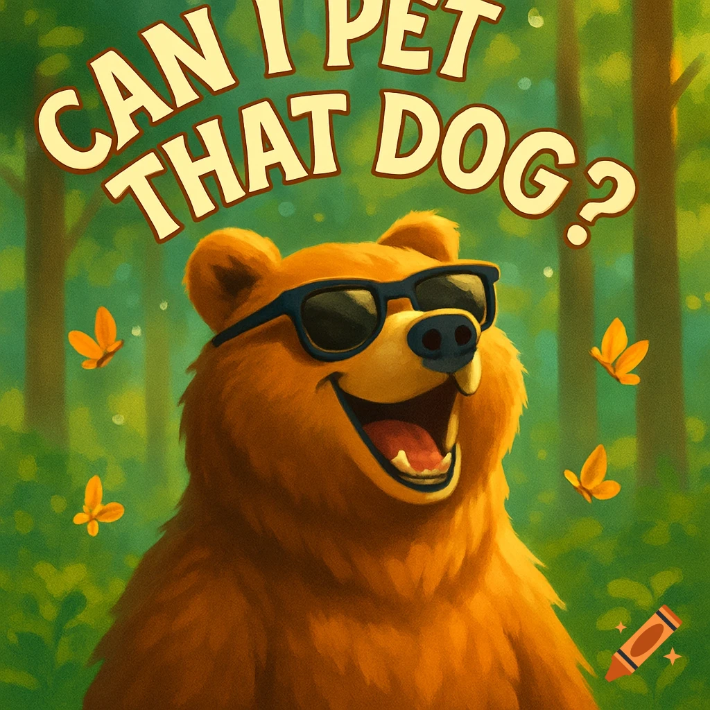 A cheerful cartoon bear wearing sunglasses smiles in a forest with butterflies, text reads 'CAN I PET THAT DOG?'