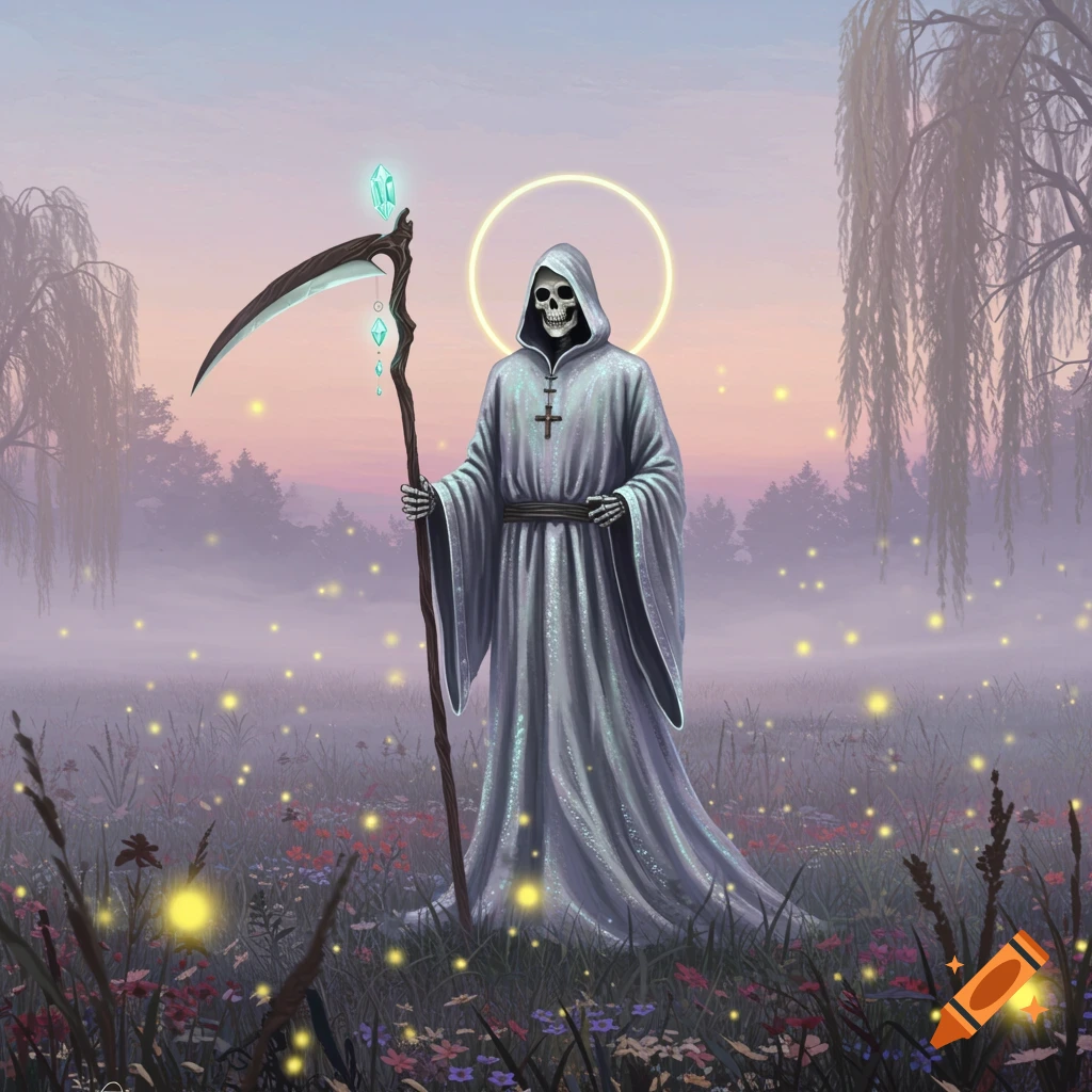 A skeletal Grim Reaper in a shimmering robe with a halo stands in a misty field of glowing fireflies and wildflowers at dusk, holding a crystal-adorned scythe.