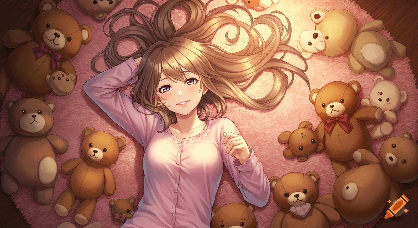 An anime-style girl with light brown hair lies on a pink rug, smiling, surrounded by many teddy bears.