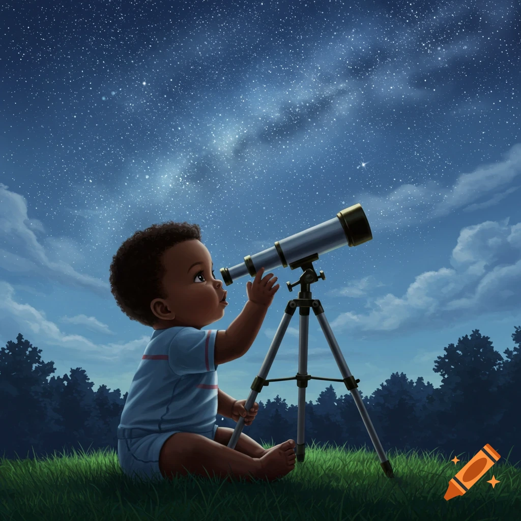 A digital painting of an African American baby boy looking into a telescope under a bright, starry night sky.
