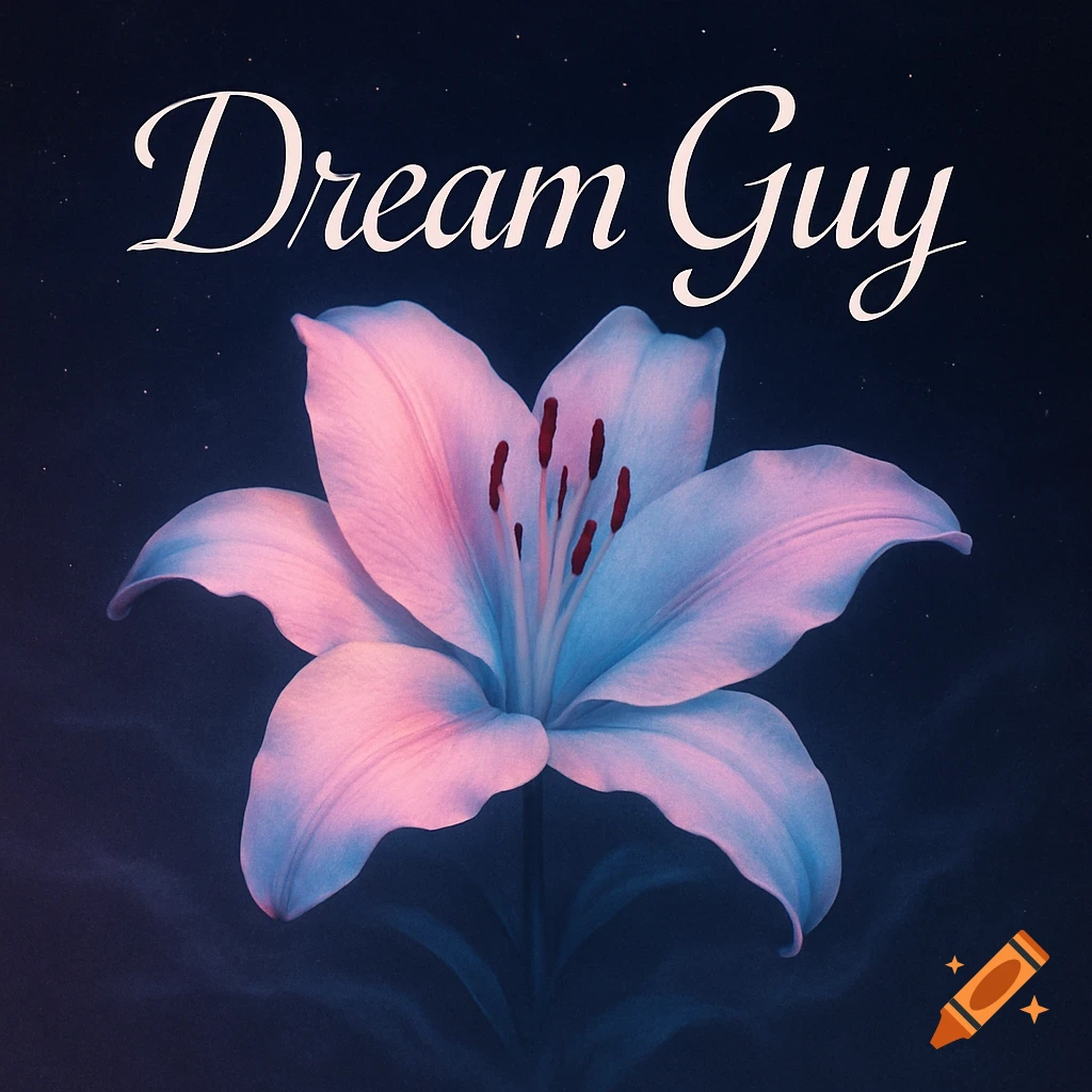 A pink and blue lily on a dark, starry background with the words "Dream Guy" in white script above it.