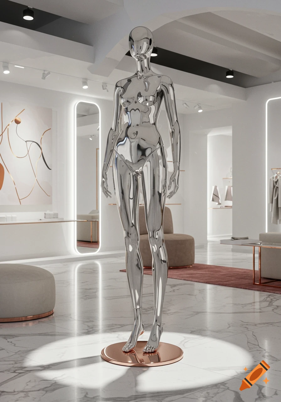 A tall, shiny silver mannequin stands on a copper base in a modern, well-lit retail store with marble floors.