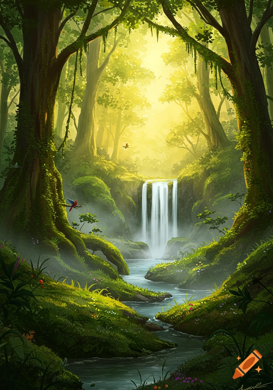 Lush, sunlit rainforest with a waterfall cascading into a stream, framed by large trees, with colorful birds.