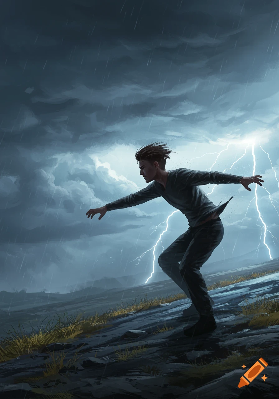 A man struggles against strong winds and lightning in a stormy landscape, reaching out.