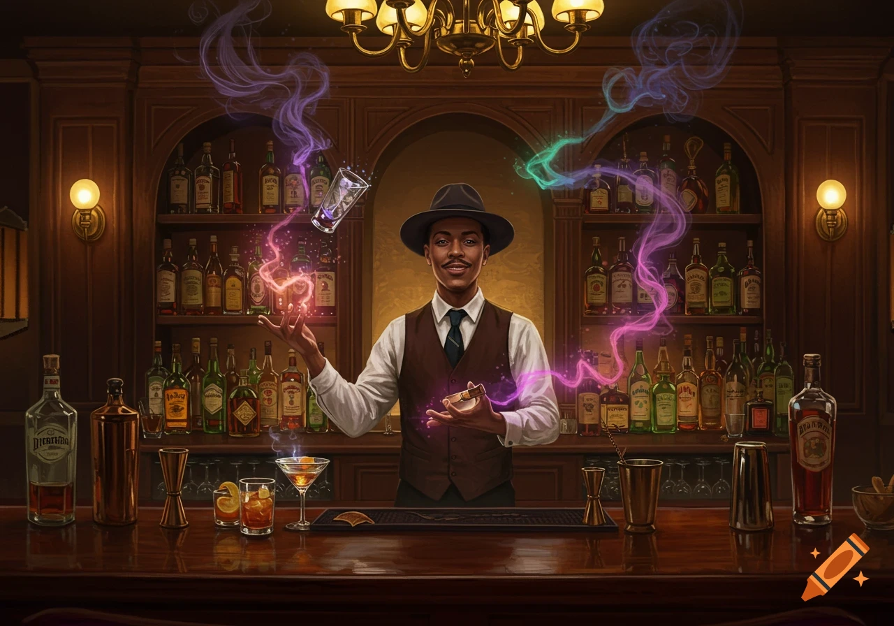 A smiling bartender in a fedora and waistcoat performs magic behind a well-stocked bar, with colorful smoke and floating objects.