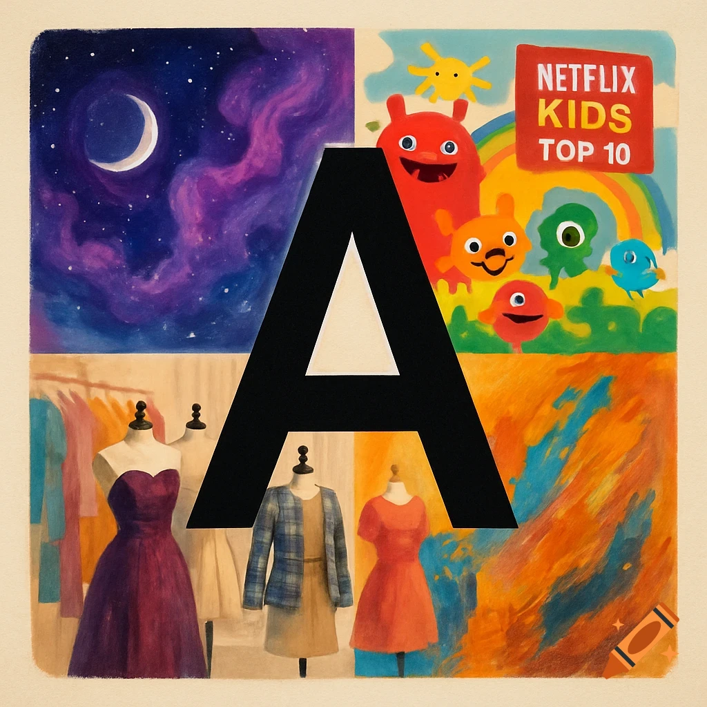 A large black letter 'A' is centered over a four-part grid. Top left is a night sky with a crescent moon; top right features cartoon monsters with "NETFLIX KIDS TOP 10" text; bottom left shows mannequins in dresses; bottom right is abstract orange and blue art.