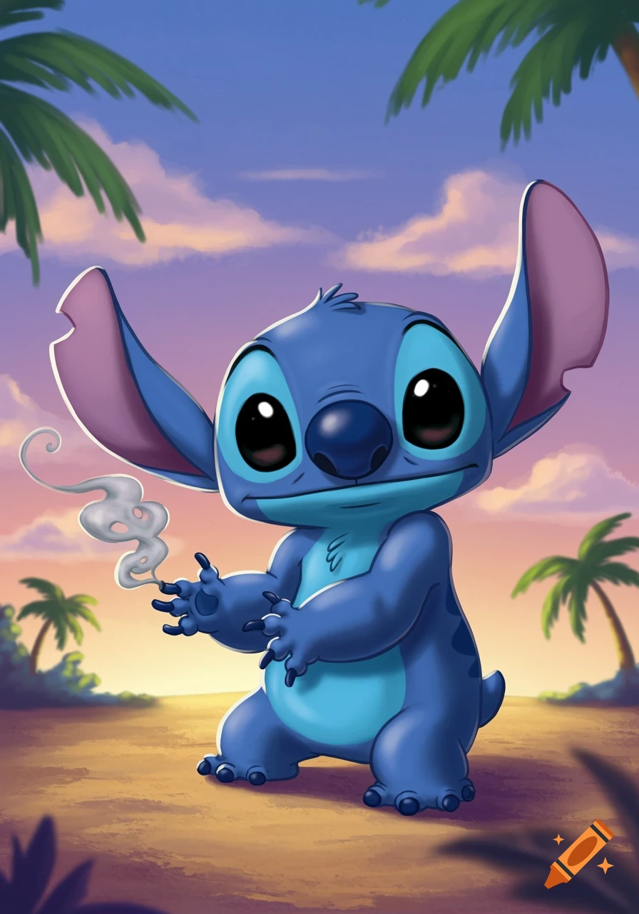 Cute blue alien character Stitch holding a smoking cigarette on a beach at sunset with palm trees.