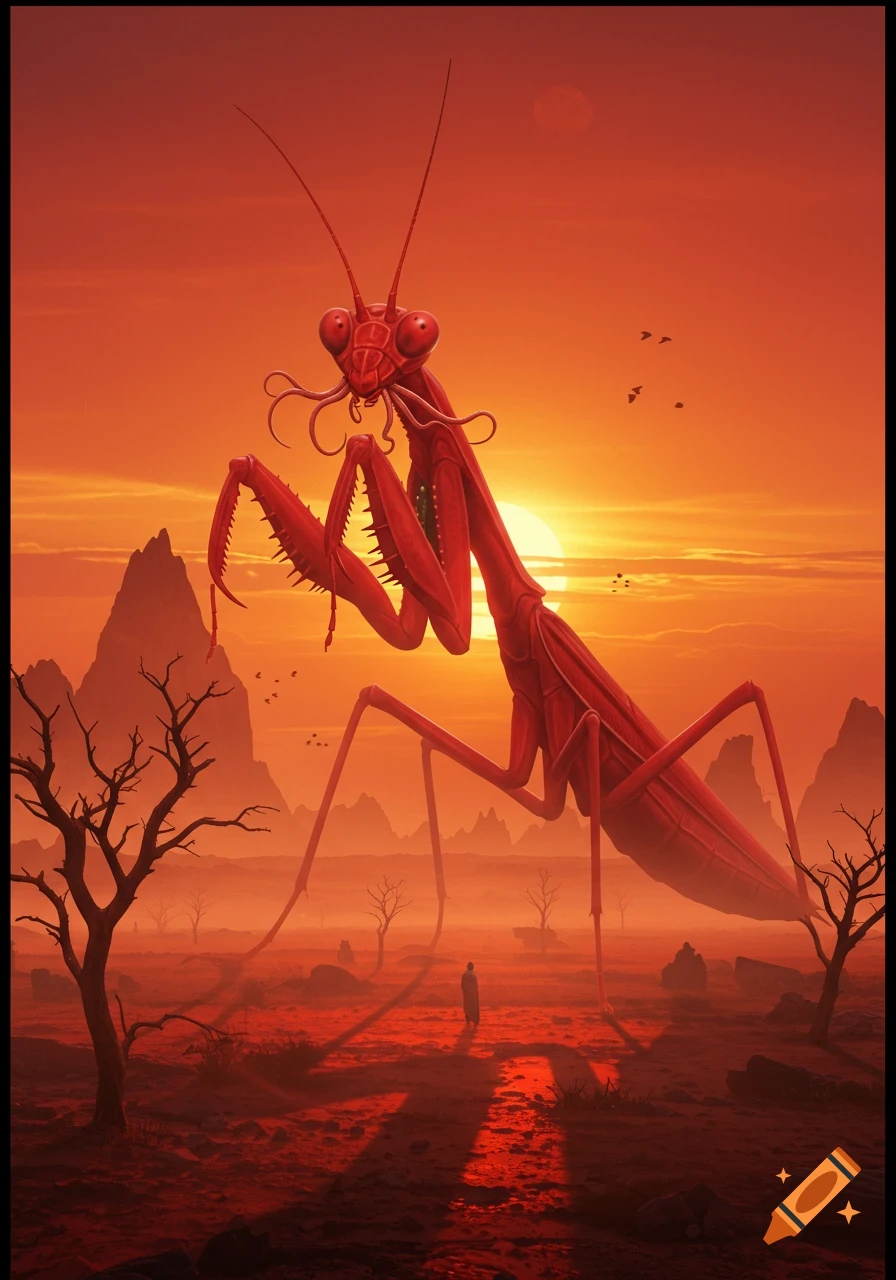 A massive red praying mantis stands over a tiny lone figure in a desolate, red desert landscape under an orange sunset.