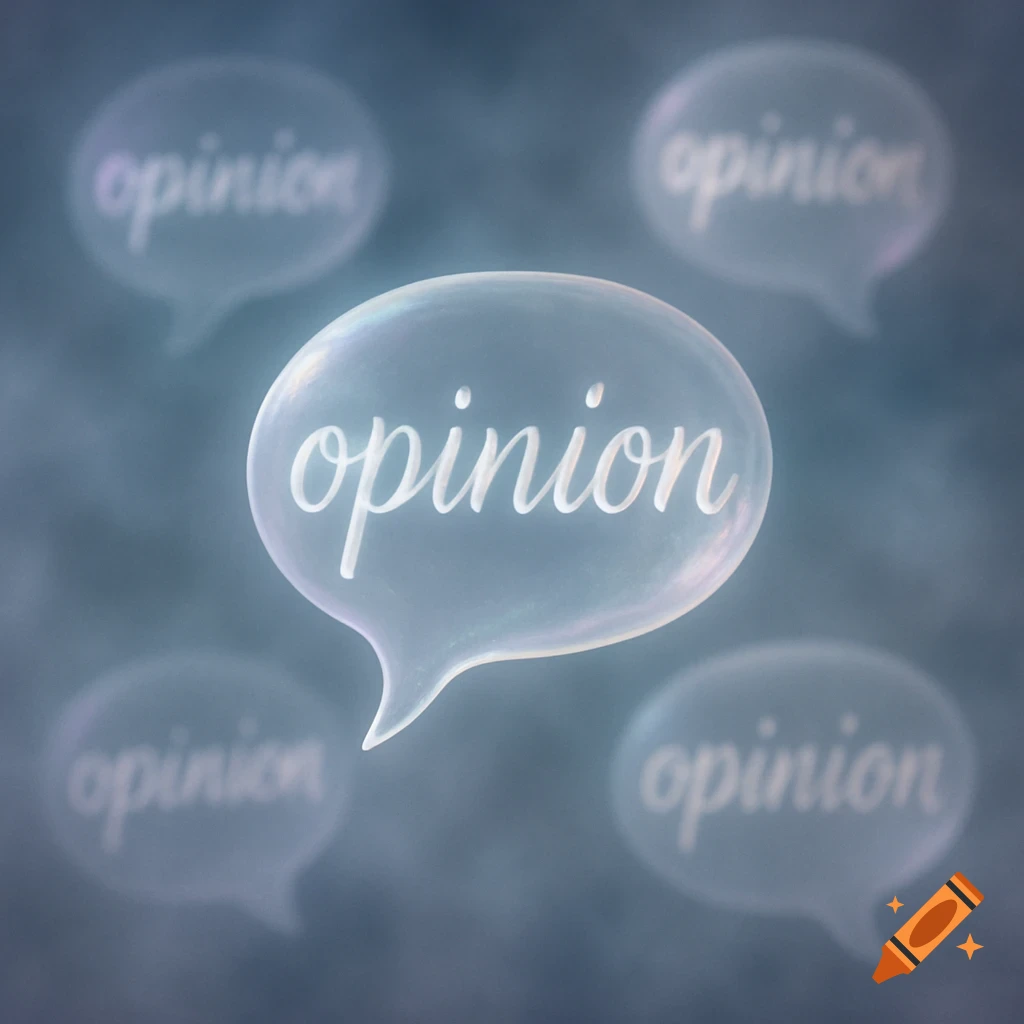 Translucent speech bubbles with the word 'opinion' float against a blue-gray background.