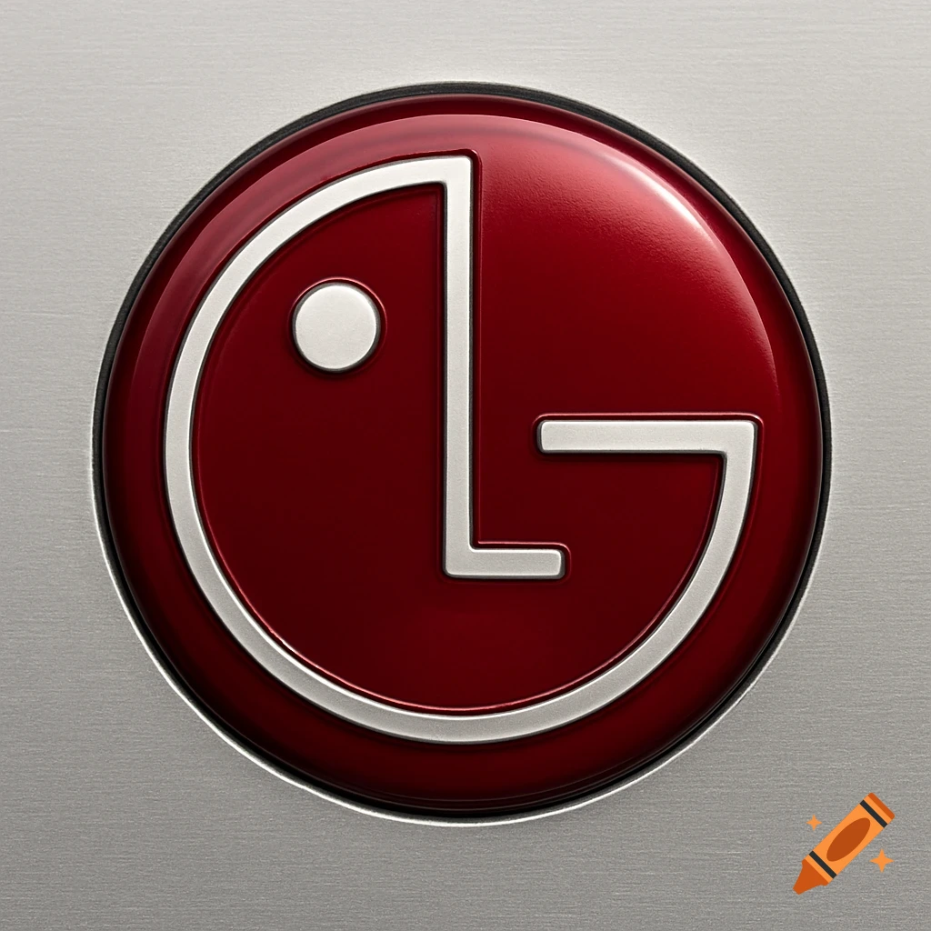 A close-up of the LG logo, a stylized silver 'L' and 'G' forming a face within a glossy red circle on a brushed metal surface.