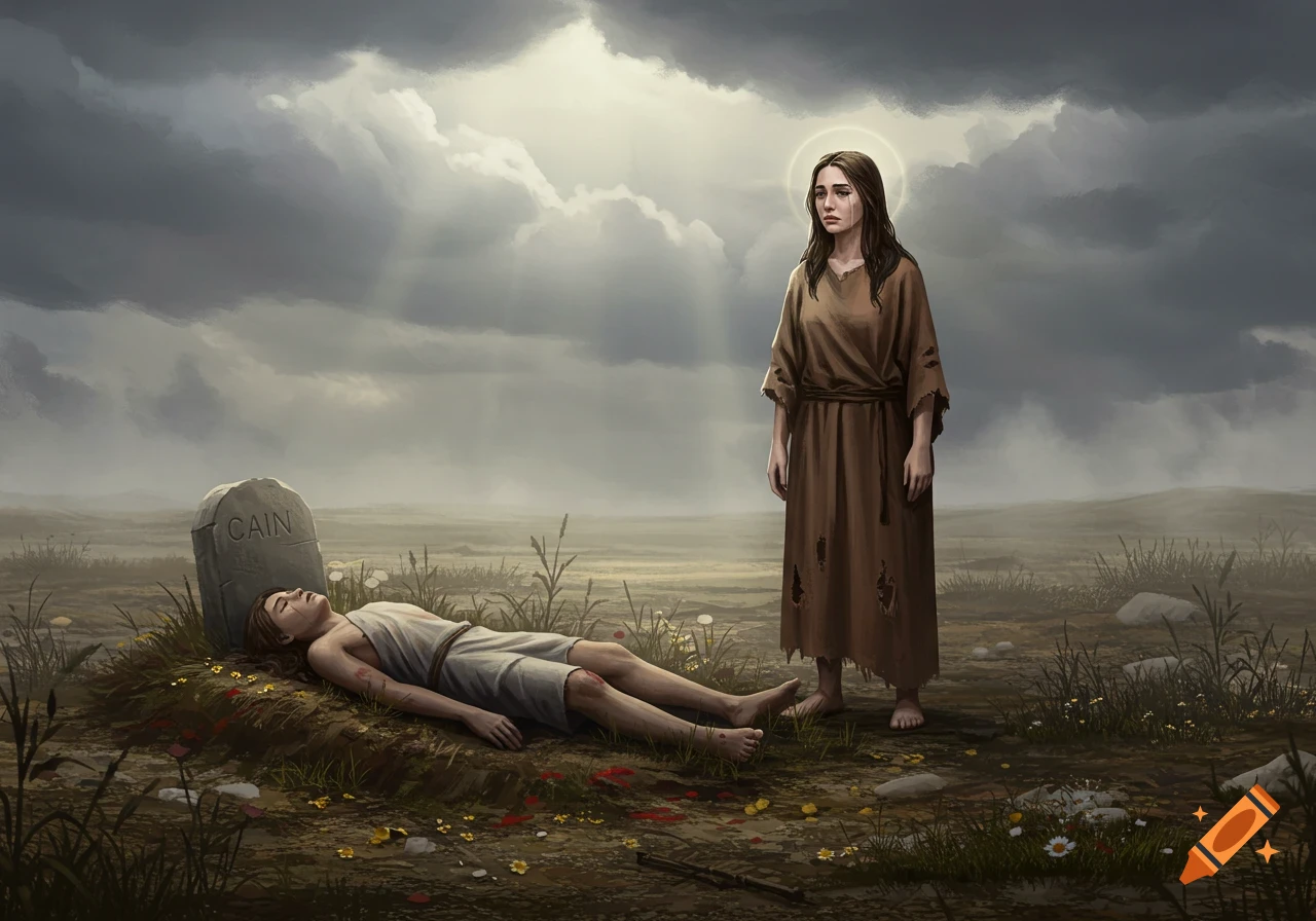 A somber digital painting shows Eve grieving over Abel's body next to a tombstone marked 'CAIN' under a cloudy sky.