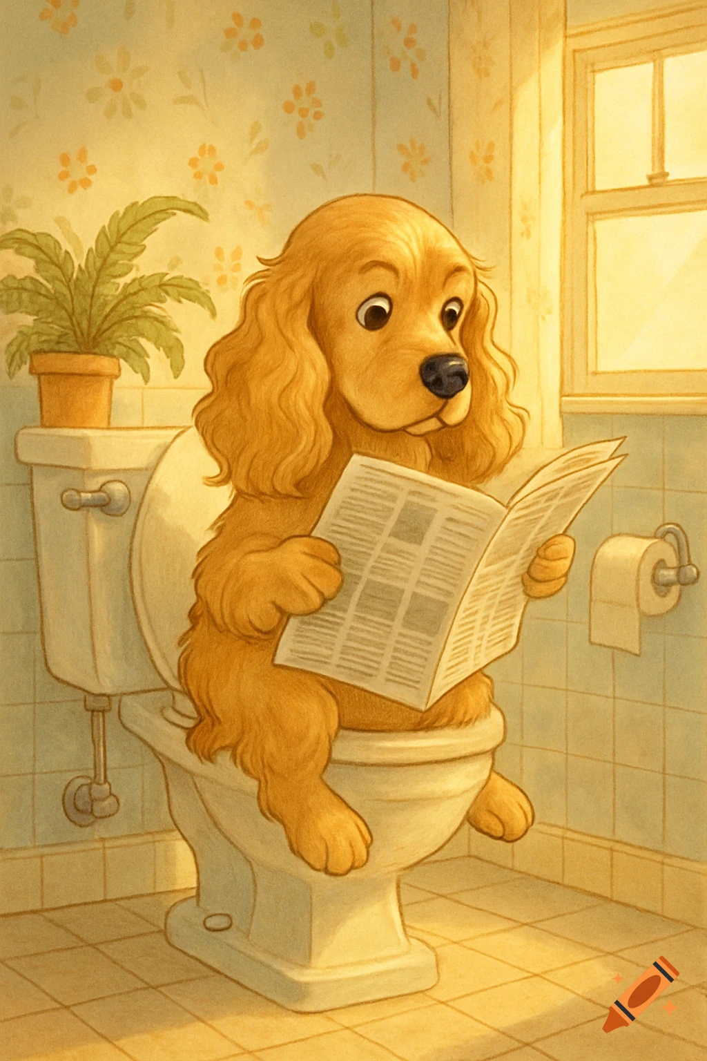 A cartoon golden cocker spaniel sits on a toilet, reading a newspaper in a bathroom.