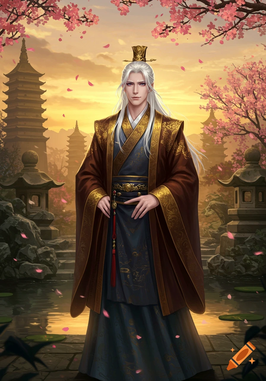 A handsome man with long white hair and purple eyes, dressed in ornate brown and gold ancient Chinese robes, stands in a garden with cherry blossom trees and pagodas at sunset.