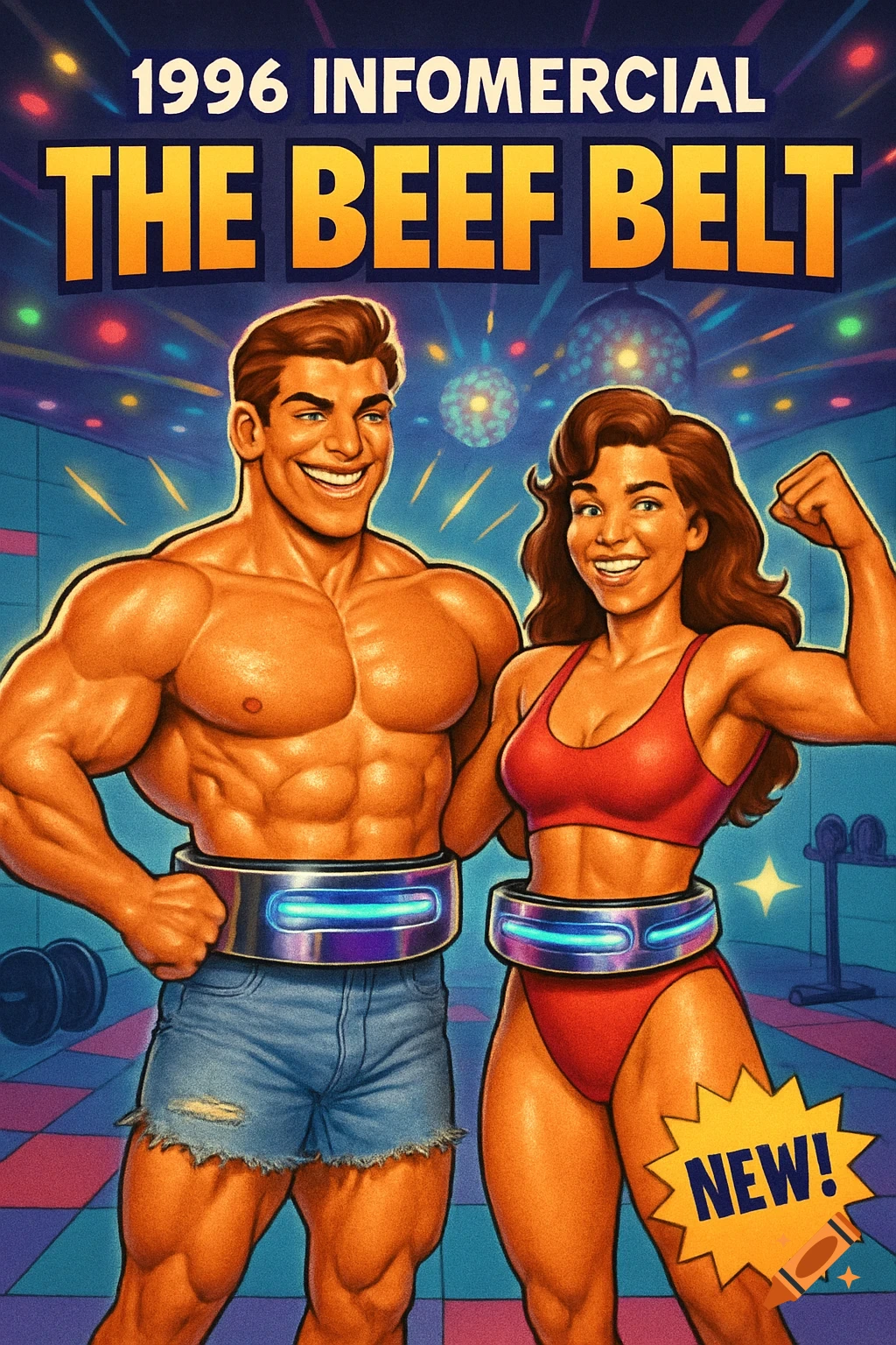 A muscular man and woman smile in a disco-lit gym, wearing glowing belts, advertising 'The Beef Belt' on a retro 1996 infomercial poster.