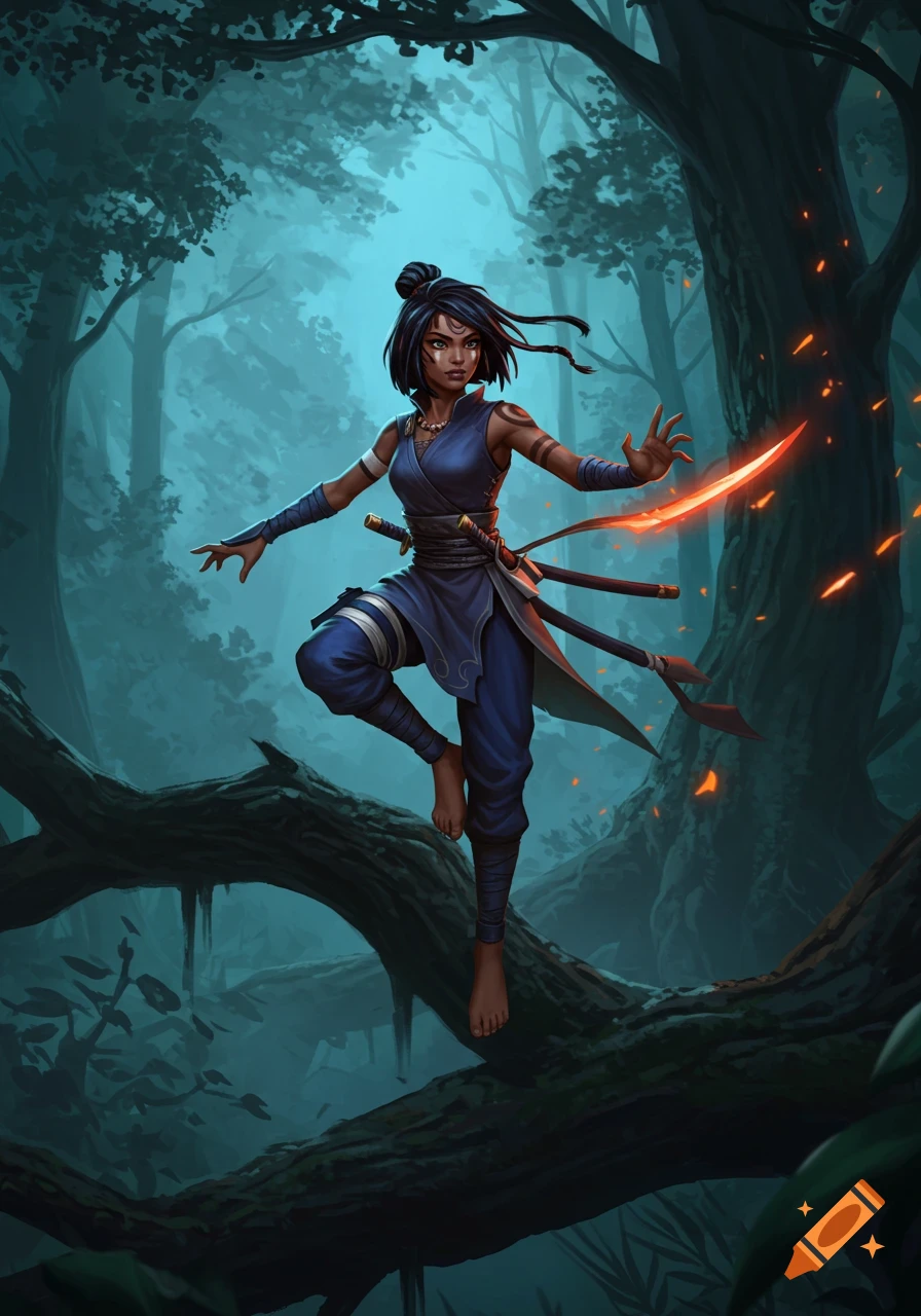 A dark-skinned female ninja balances on a tree branch in a misty forest, holding a glowing orange blade.