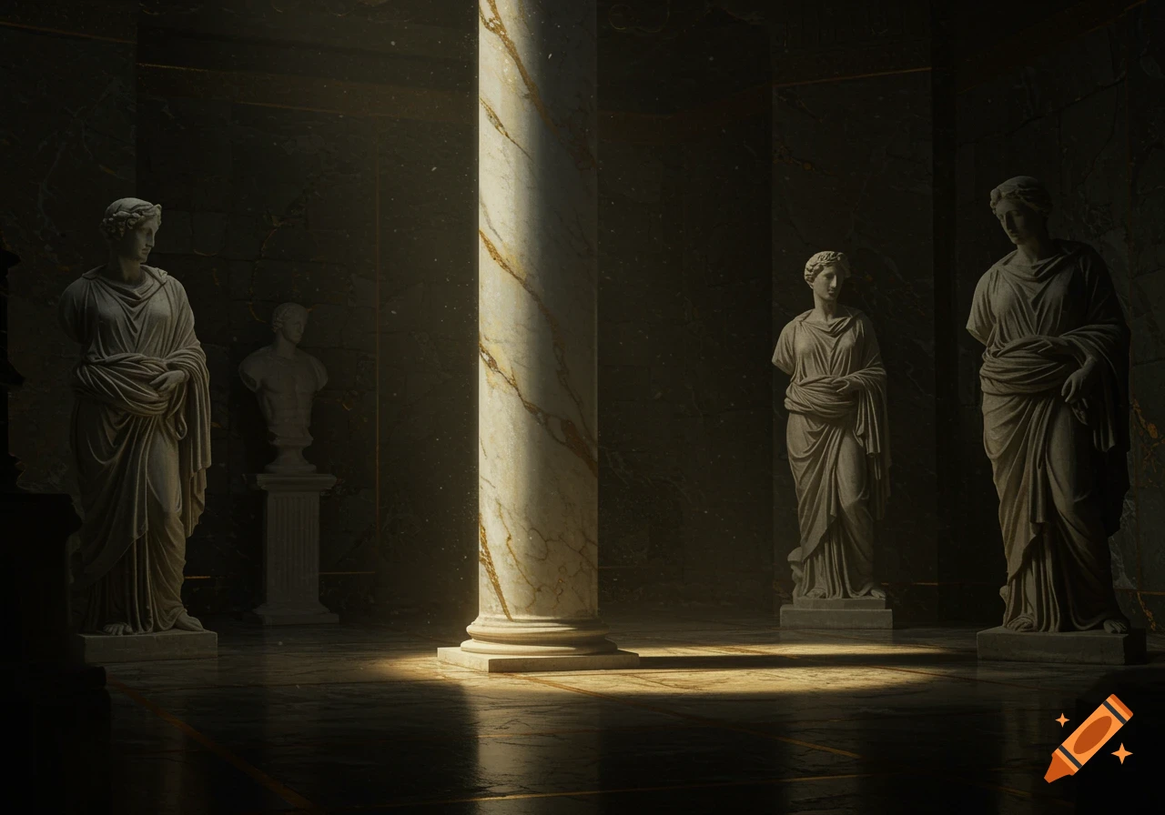 Three Roman-style statues and a large marble pillar are dramatically lit in a dark, classical room.