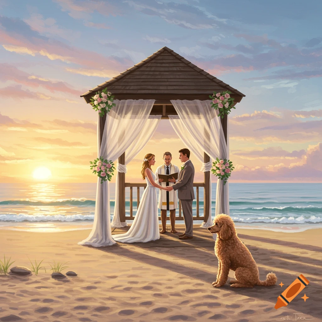 A couple exchanges vows under a wooden gazebo on a beach at sunset, with a golden poodle watching nearby.