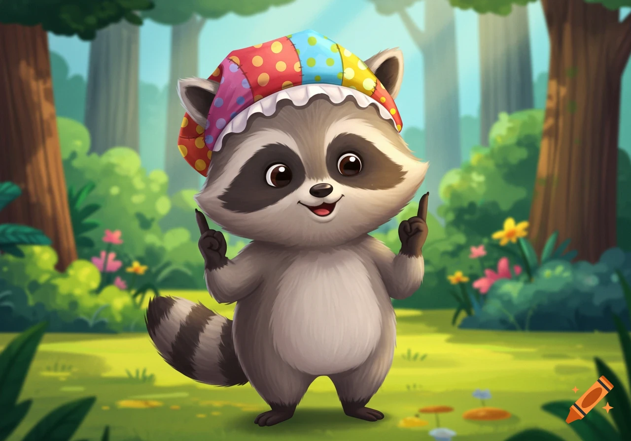 A cute cartoon raccoon wearing a colorful polka-dotted bonnet stands in a forest, smiling with hands pointing up.
