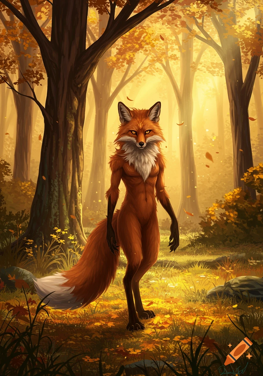 An anthropomorphic fox stands in a sunlit autumn forest with golden leaves and trees.