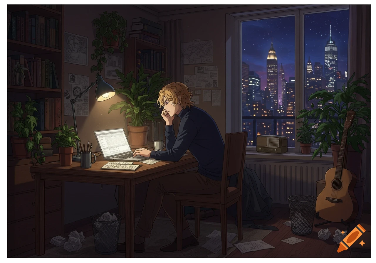 An anime-style image of a young man with blonde hair working on a laptop at a desk in a dimly lit study, with a New York City skyline visible from the window at night.