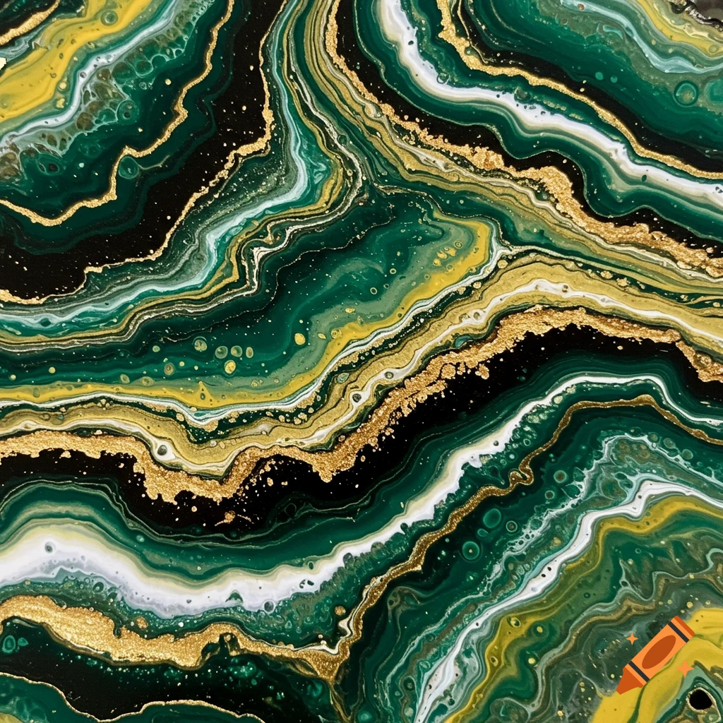An abstract fluid art painting with swirling lines of dark green, black, yellow, white, and shimmering gold, resembling a geode or nebula.