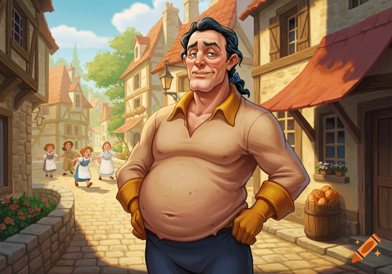 A cartoon man resembling Gaston, with a large belly and receding hairline, stands in a village street with cobblestones and buildings, as four women walk behind him.
