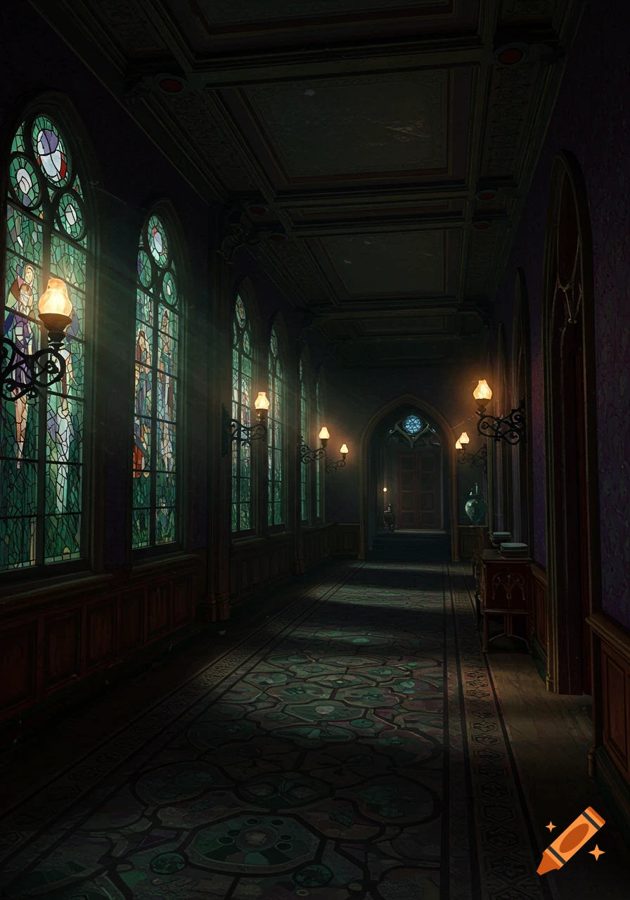 A moody gothic Victorian hallway with sunlight streaming through colorful stained glass windows, wall lamps, and a patterned floor.