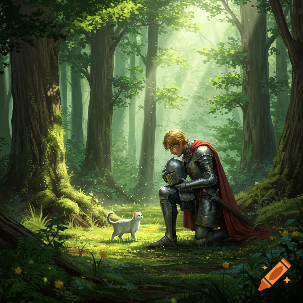 A knight in armor kneels in a sunlit fantasy forest, holding his helmet and looking at a white cat.