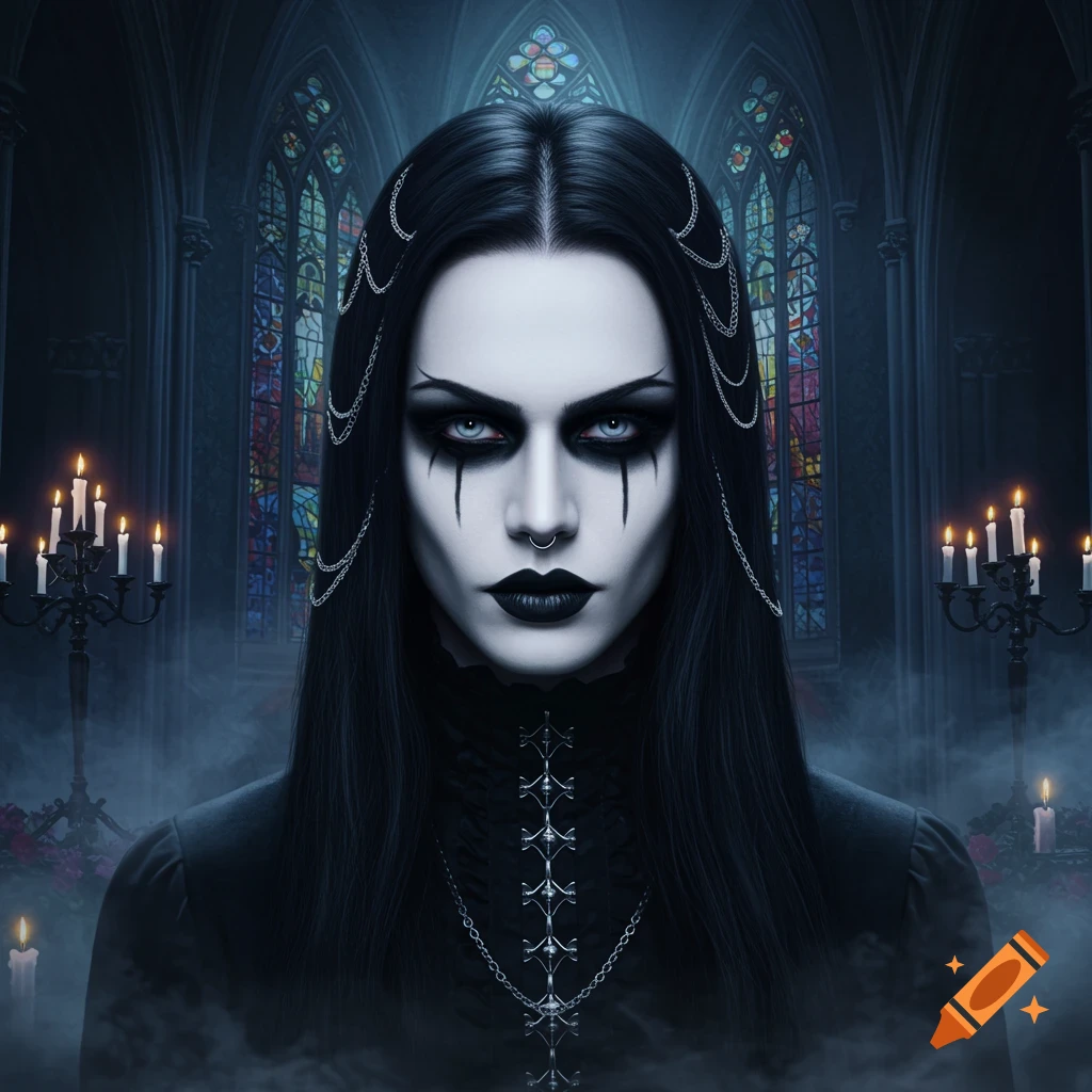 A photorealistic portrait of a pale-skinned goth woman with dark eye makeup, black lipstick, and a nose ring, standing in a dim church with stained glass windows and lit candles.