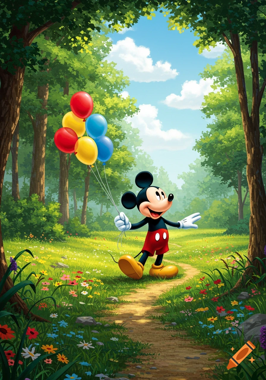 Mickey Mouse holding colorful balloons walks on a path in a bright green forest with wildflowers.