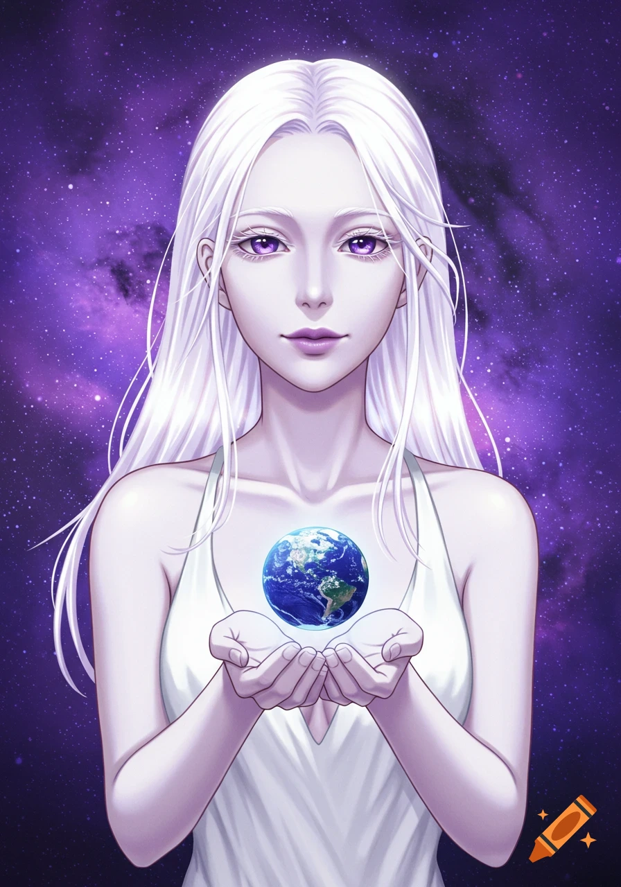 Anime woman with white hair and purple eyes holding Earth against a purple cosmos.