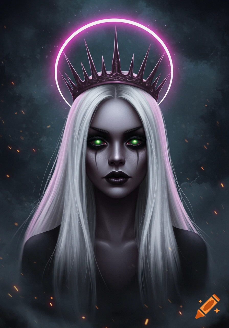 Fantasy portrait of a gothic woman with long white hair, dark makeup, glowing green eyes, and a spiked purple glowing halo crown.
