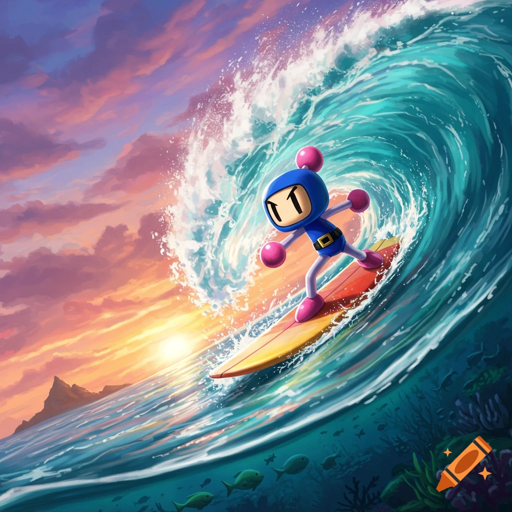 Bomberman on a surfboard riding a large blue wave with a sunset sky in the background.