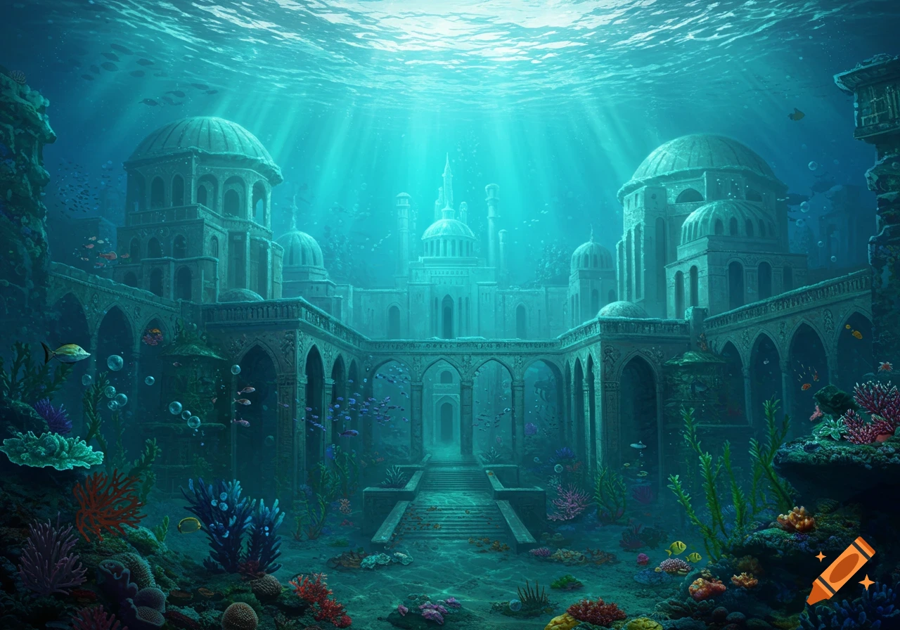 A vibrant underwater city with ornate domed buildings, arched pathways, and glowing light from the surface, surrounded by coral and fish.