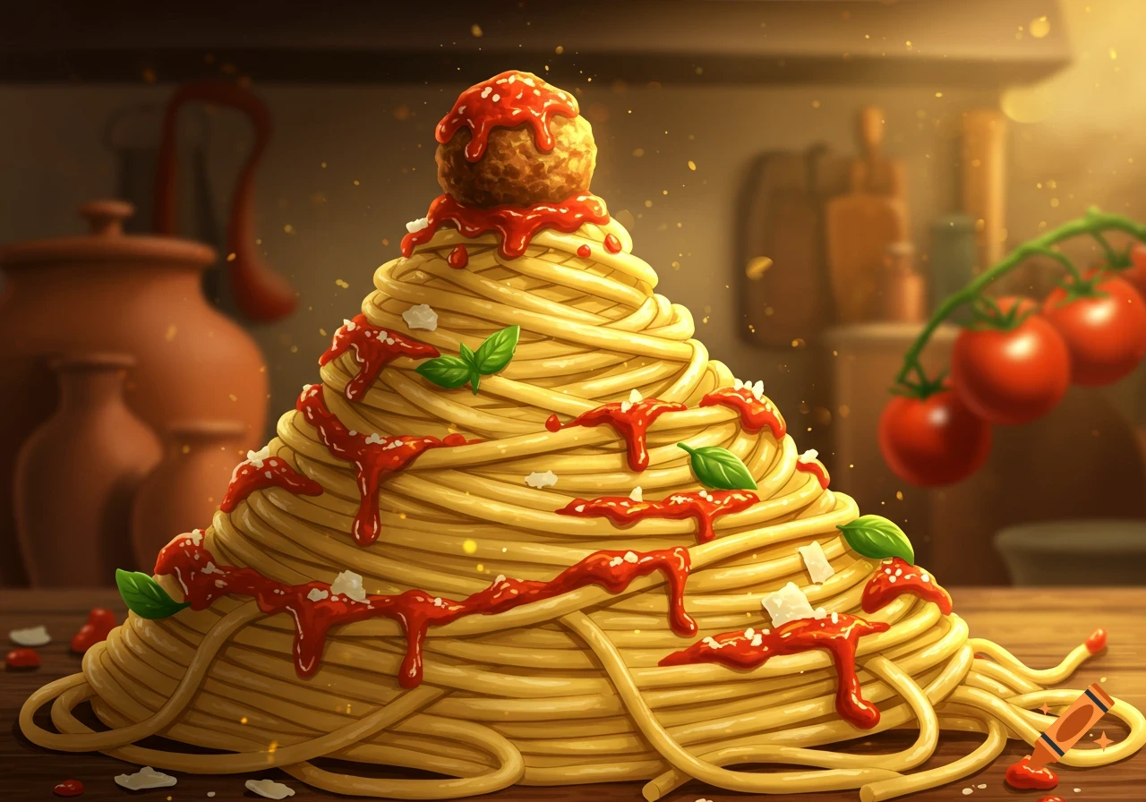 A towering mound of spaghetti topped with red sauce, a meatball, and basil leaves in a kitchen setting.