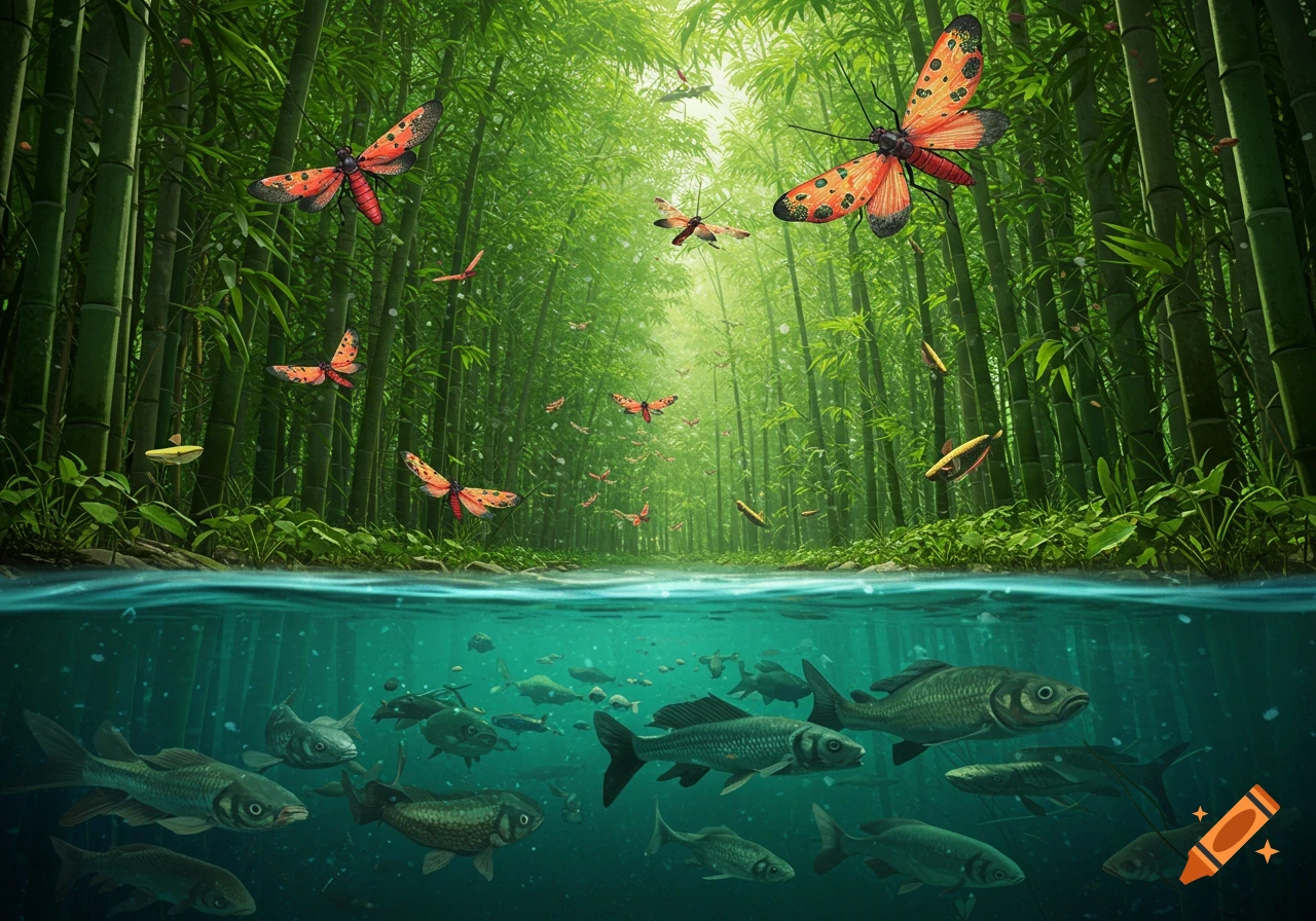 Photorealistic split view of a lush bamboo forest with red-winged insects flying above water and fish swimming below the surface.