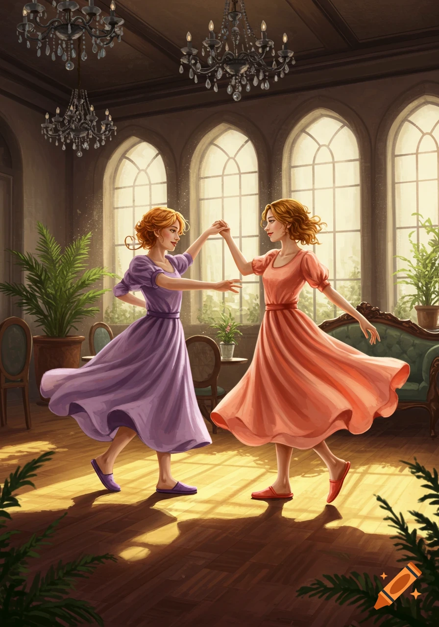 Two women with red hair in purple and orange dresses dance in a sunlit room with large arched windows and chandeliers, in an illustrative style.