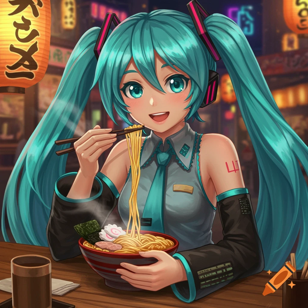 Anime girl with teal pigtails eating ramen noodles with chopsticks at a restaurant.