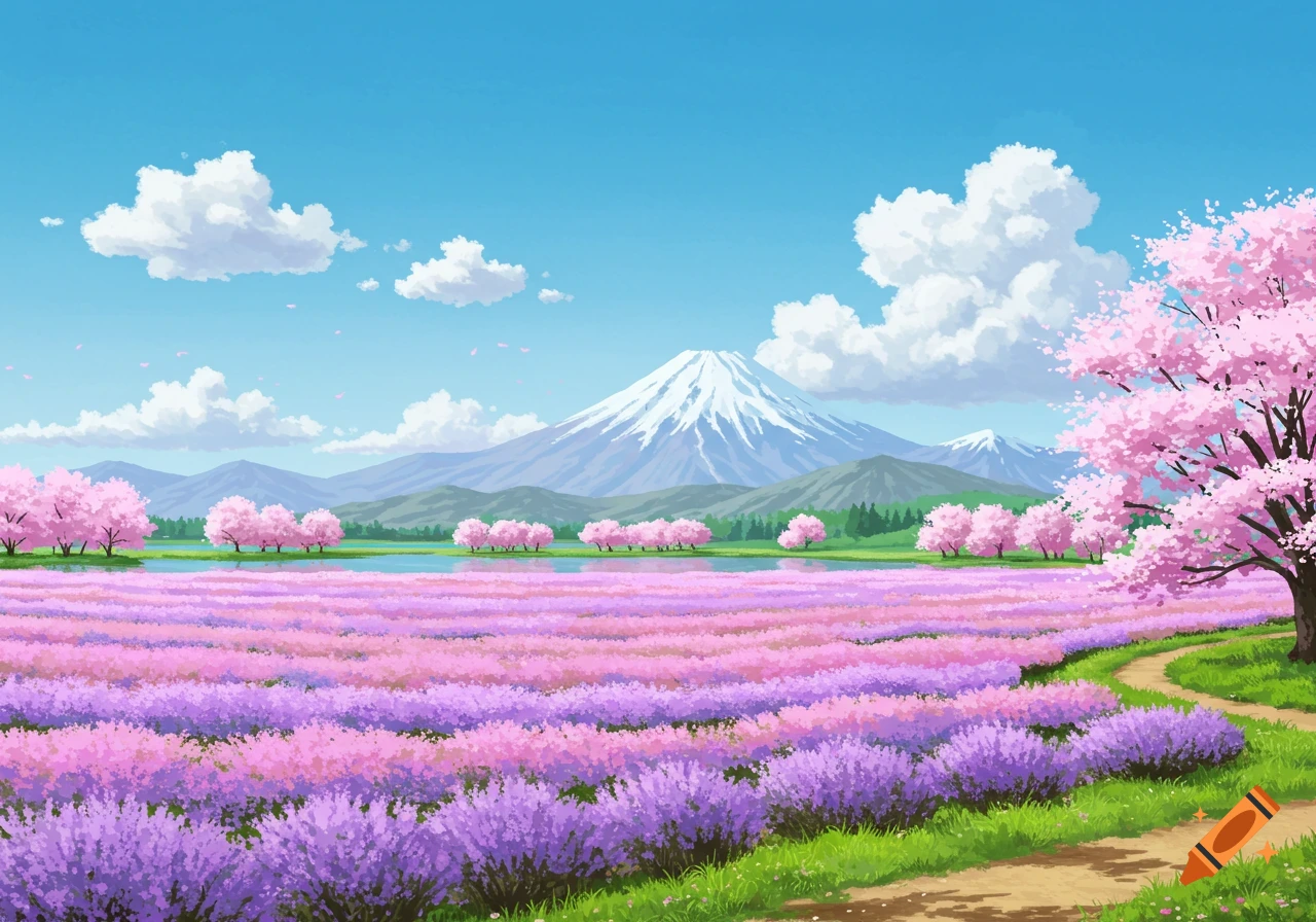 A vibrant anime landscape featuring fields of purple and pink flowers, cherry blossom trees, a lake, and snow-capped mountains under a blue sky.
