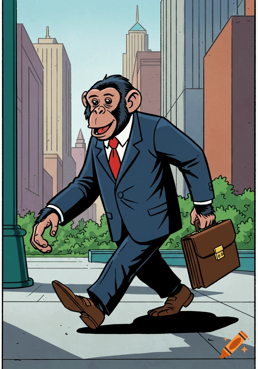 A chimpanzee in a dark blue business suit and red tie walks down a city sidewalk, holding a briefcase, in a cartoon style.