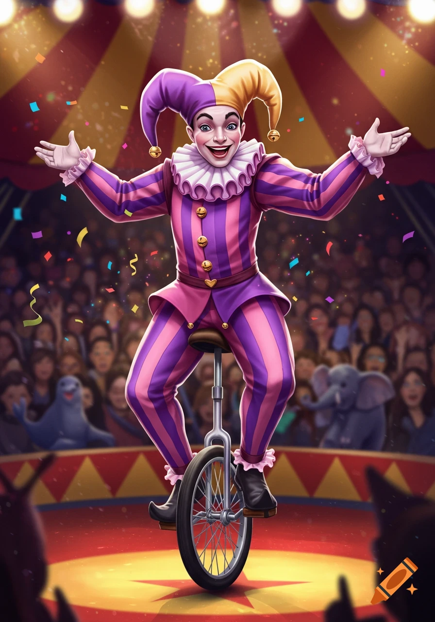 A vibrant illustration of a jester in a purple and pink striped suit riding a unicycle on a circus stage with confetti falling.