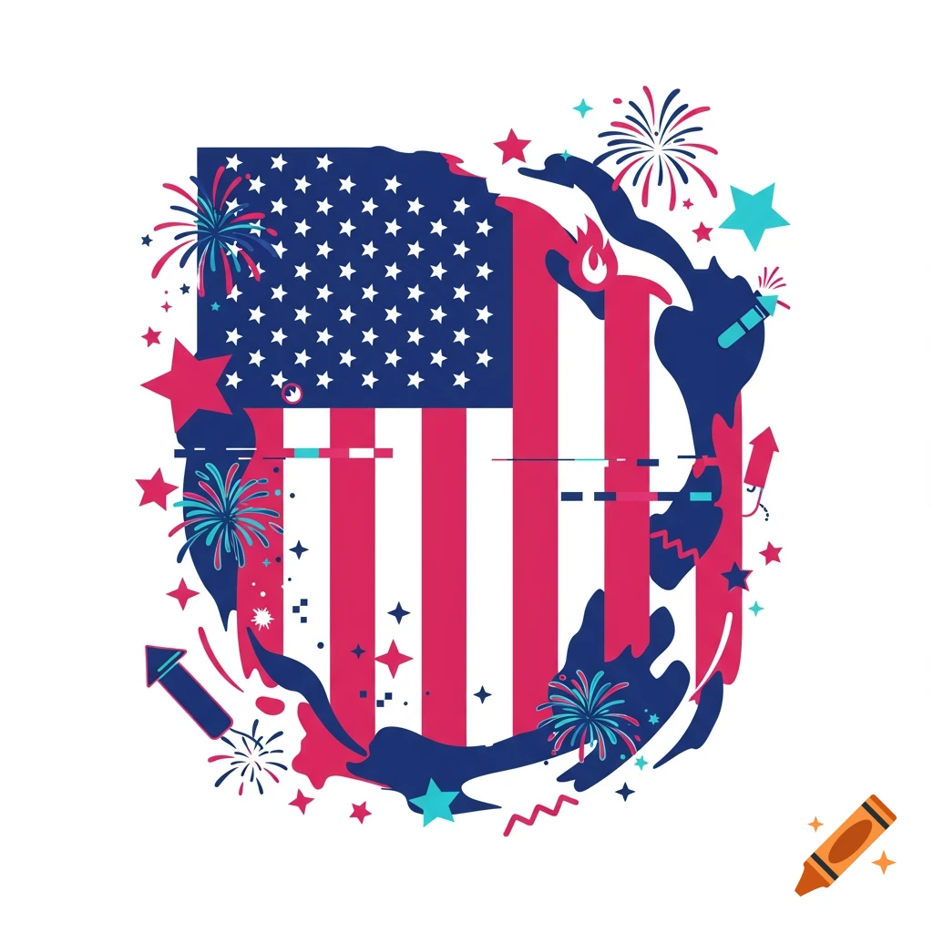 A stylized American flag with glitch-like elements, surrounded by fireworks and stars, on a white background.