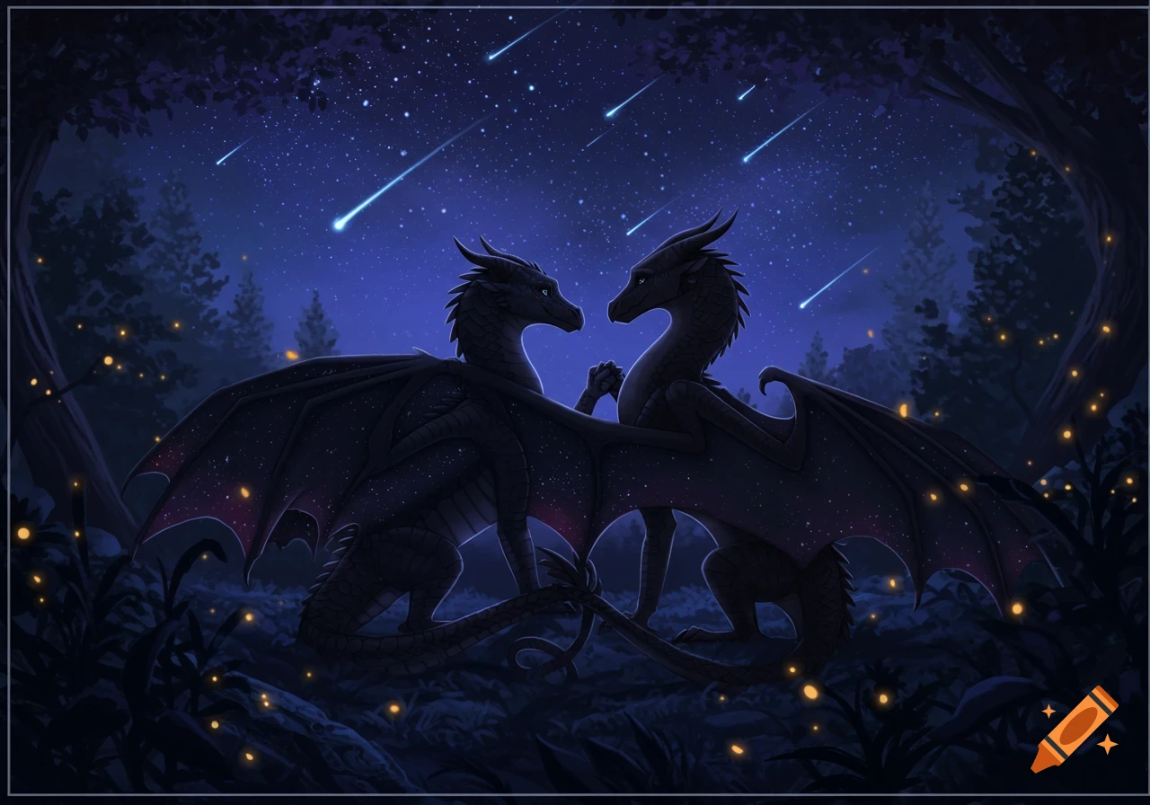 Two dark dragons face each other lovingly under a starry night sky with shooting stars and glowing plants in a dark forest.