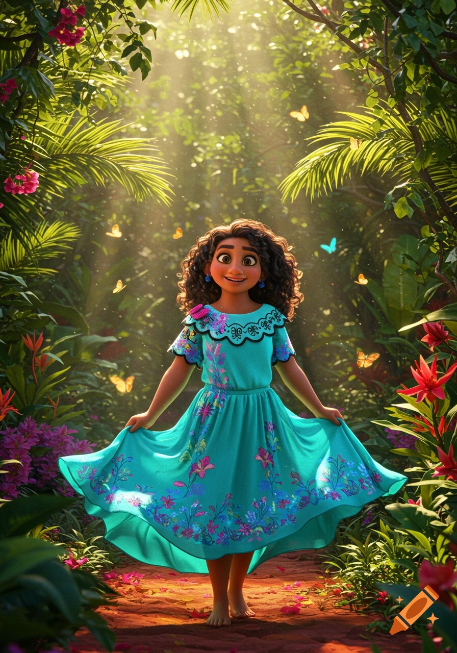 Animated Mirabel in a blue dress stands on a sunlit jungle path, surrounded by vibrant flowers and butterflies.