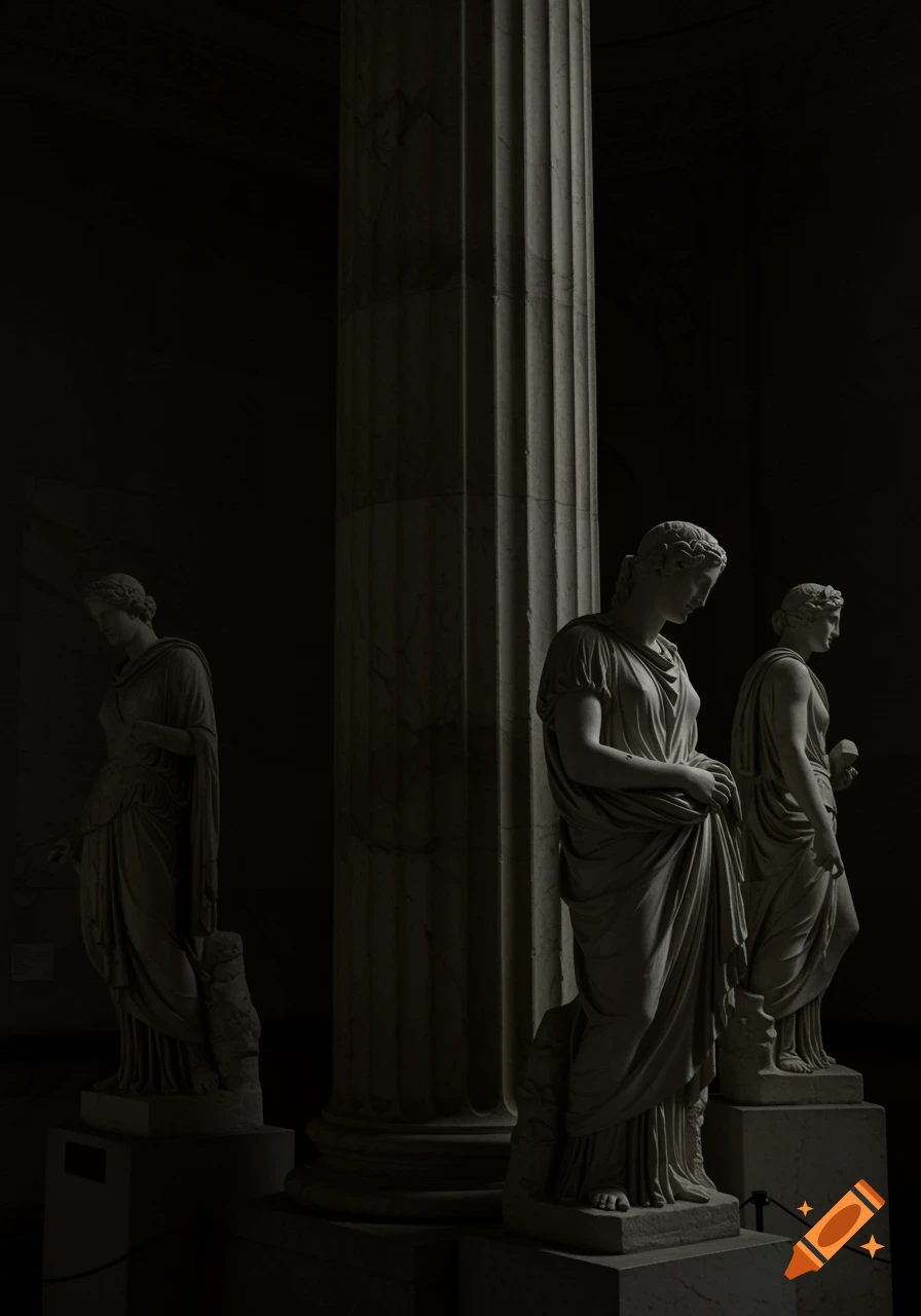 Three classical Roman statues and a large pillar are dimly lit in a dark room.