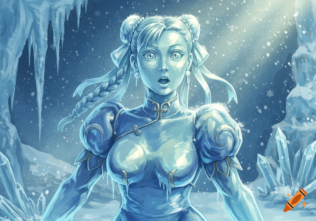 Stylized digital art of Chun-Li from Street Fighter as a surprised ice statue in an icy cave with falling snow.