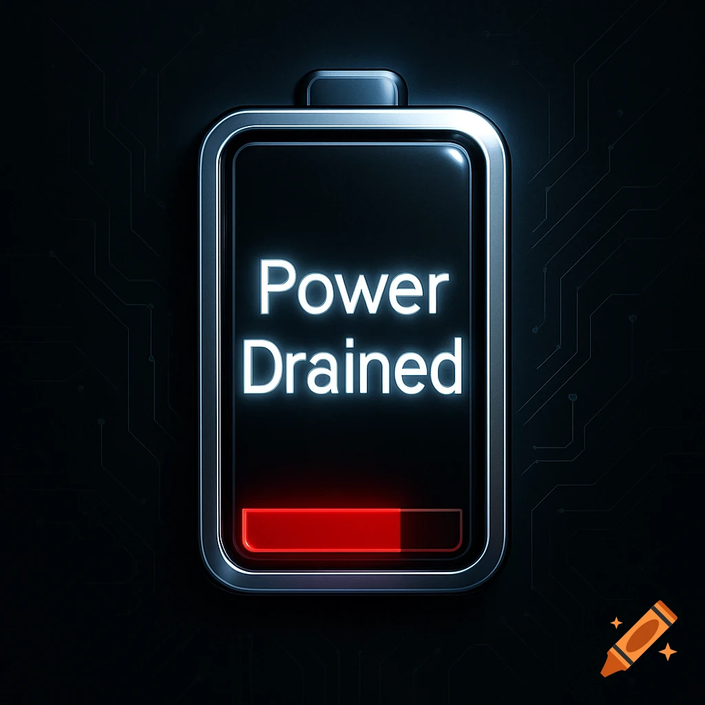 A glowing digital battery icon with a red low-charge bar and the words 'Power Drained' on a dark tech background.